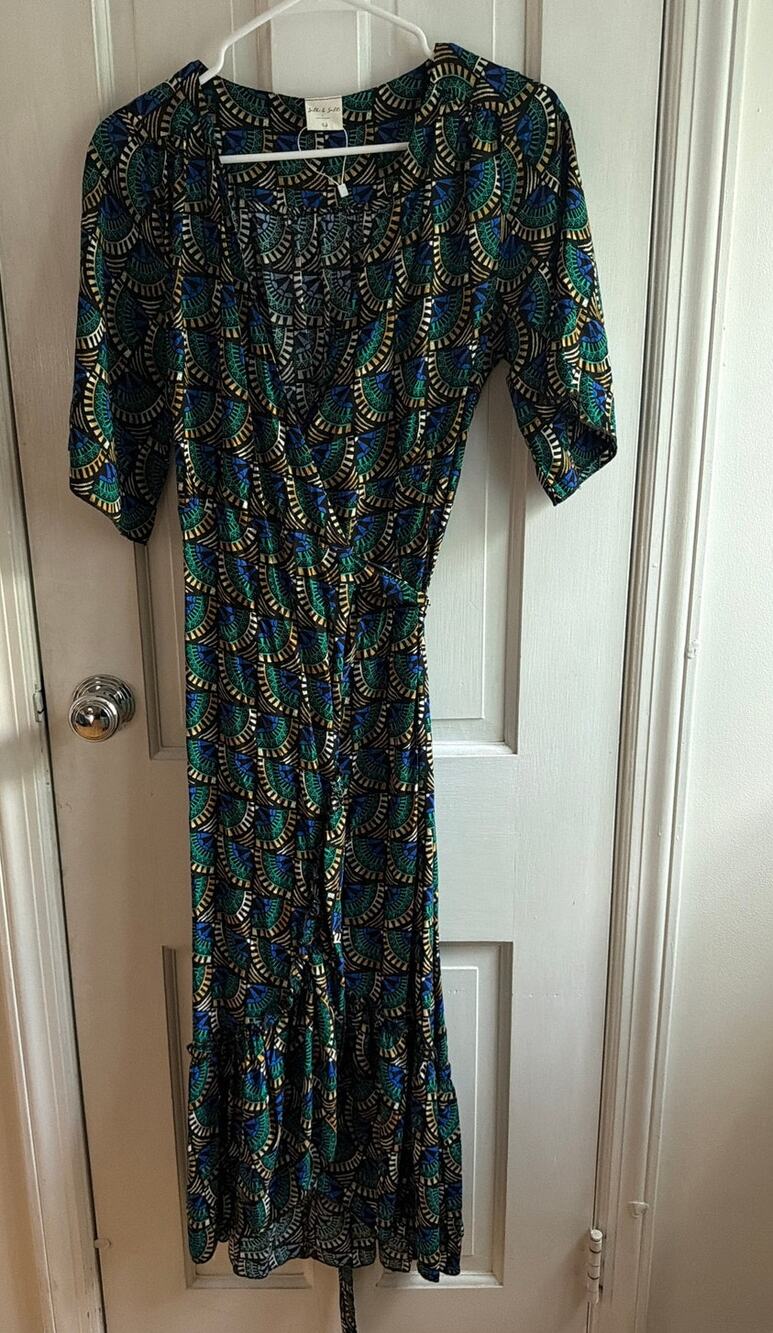 Silk And Salt Size XS Black, Yellow, Green Pattern Wrap Around Dress